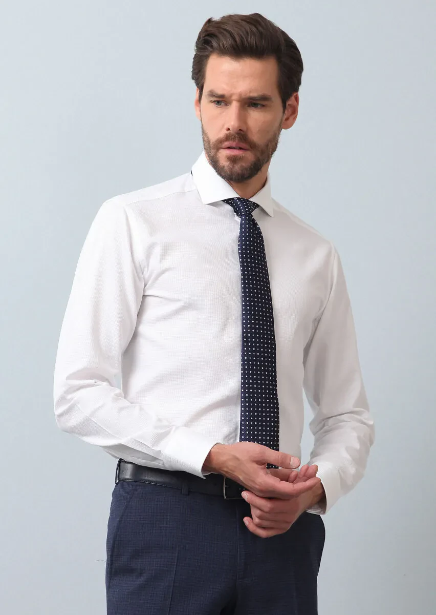 White Plain Slim Fit Weaving Classical 100% Cotton Shirt - 1