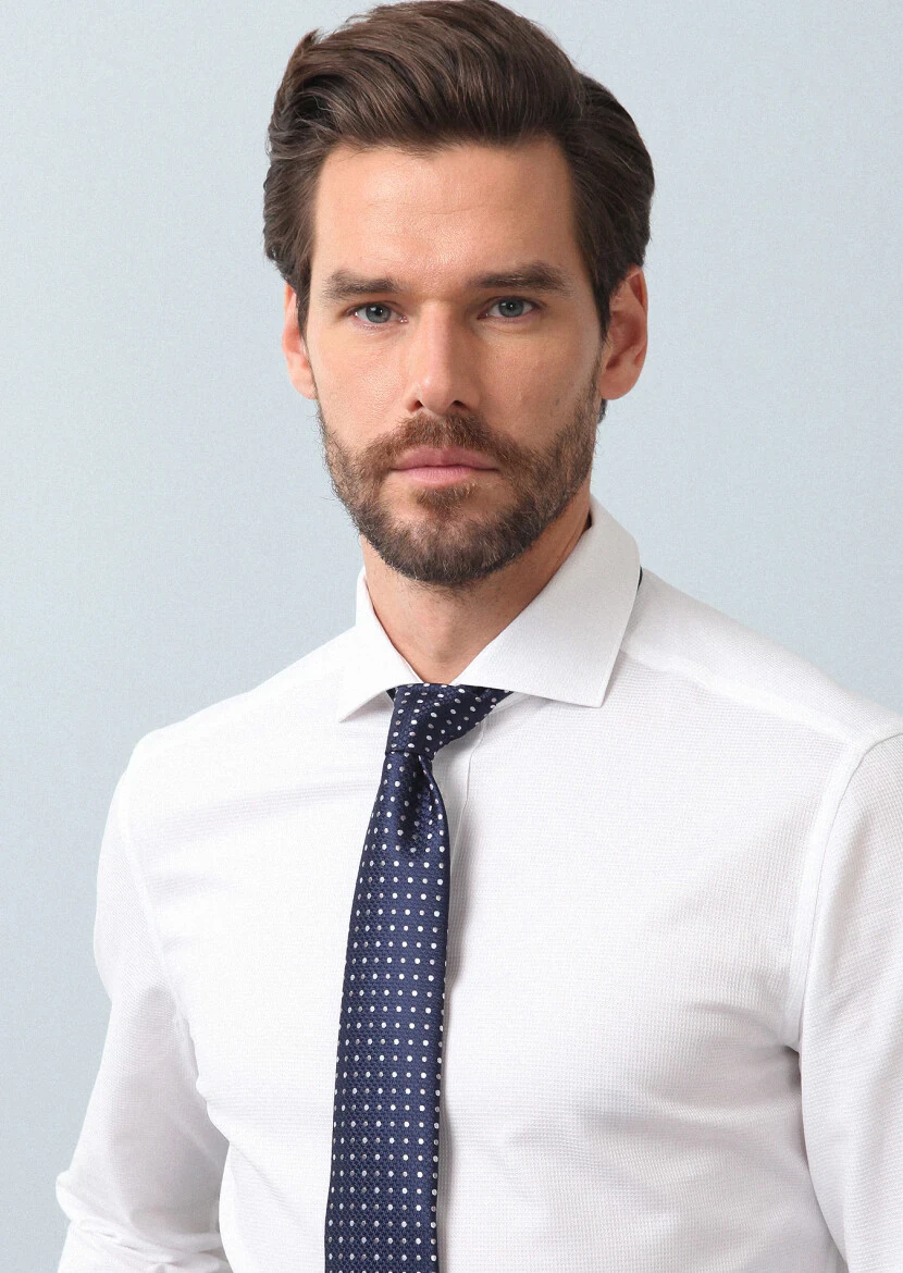 White Plain Slim Fit Weaving Classical 100% Cotton Shirt - 2