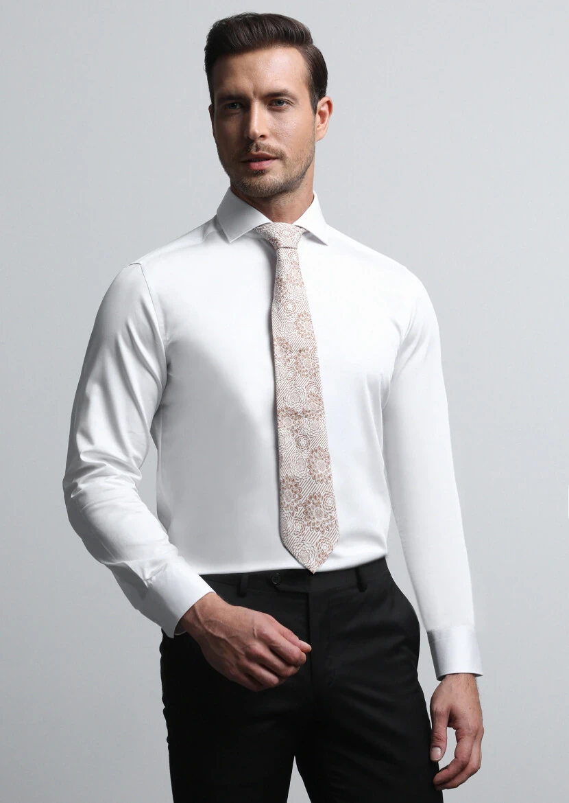 White Plain Slim Fit Weaving Classical 100% Cotton Shirt - RAMSEY