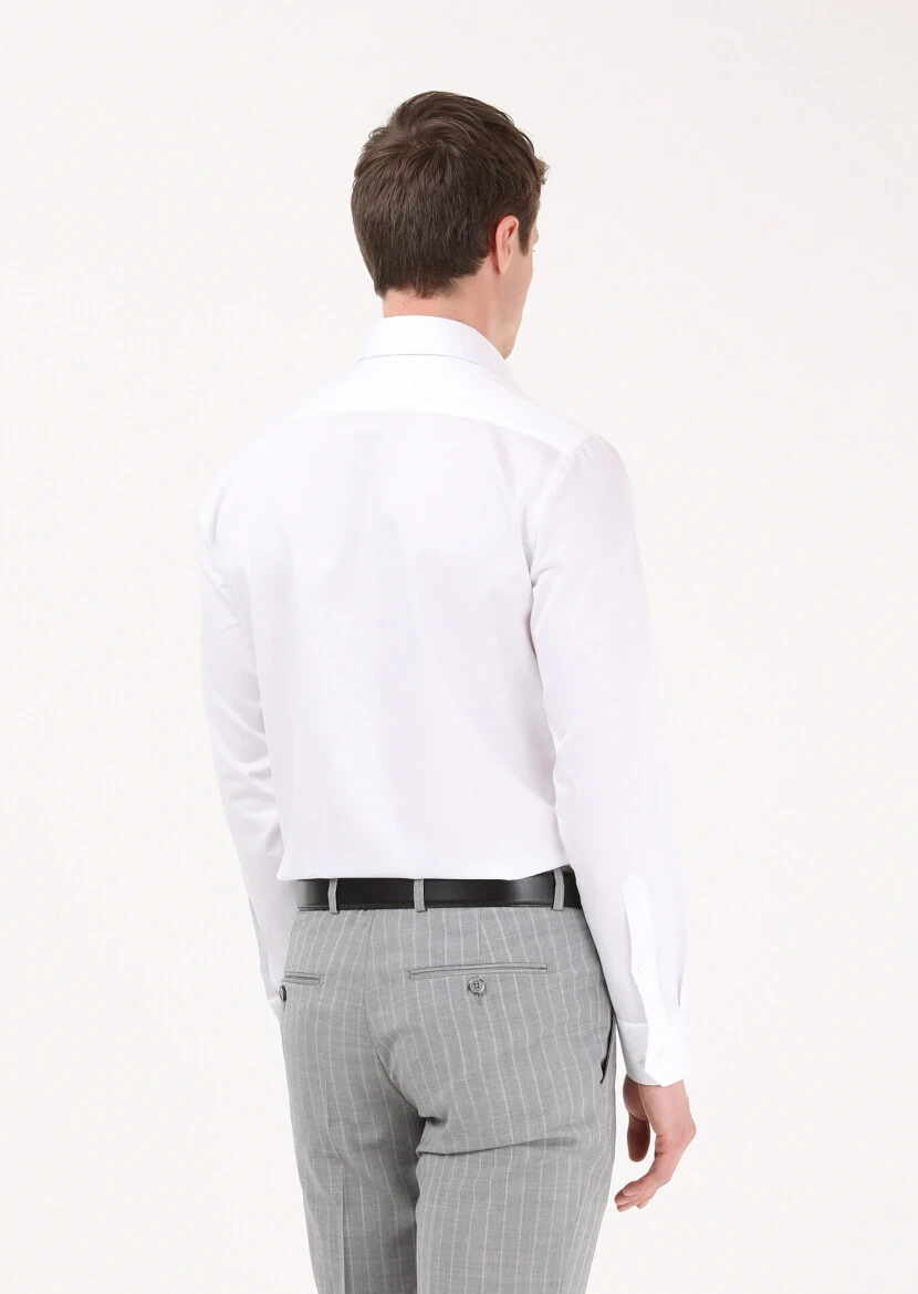 White Plain Slim Fit Weaving Classical 100% Cotton Shirt - 5