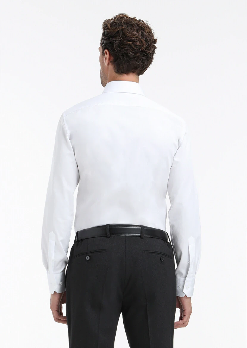 White Plain Slim Fit Weaving Classical 100% Cotton Shirt - 5