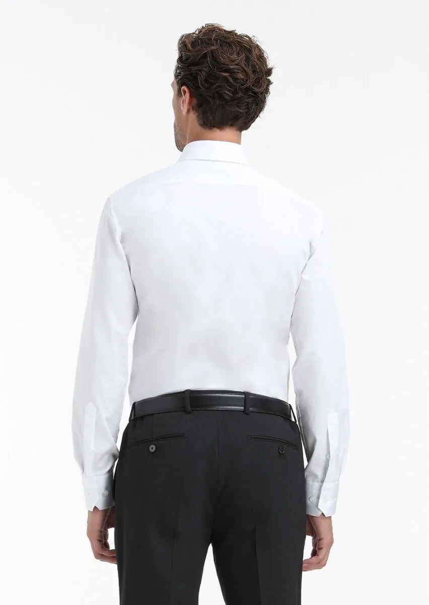White Plain Slim Fit Weaving Classical 100% Cotton Shirt - 5