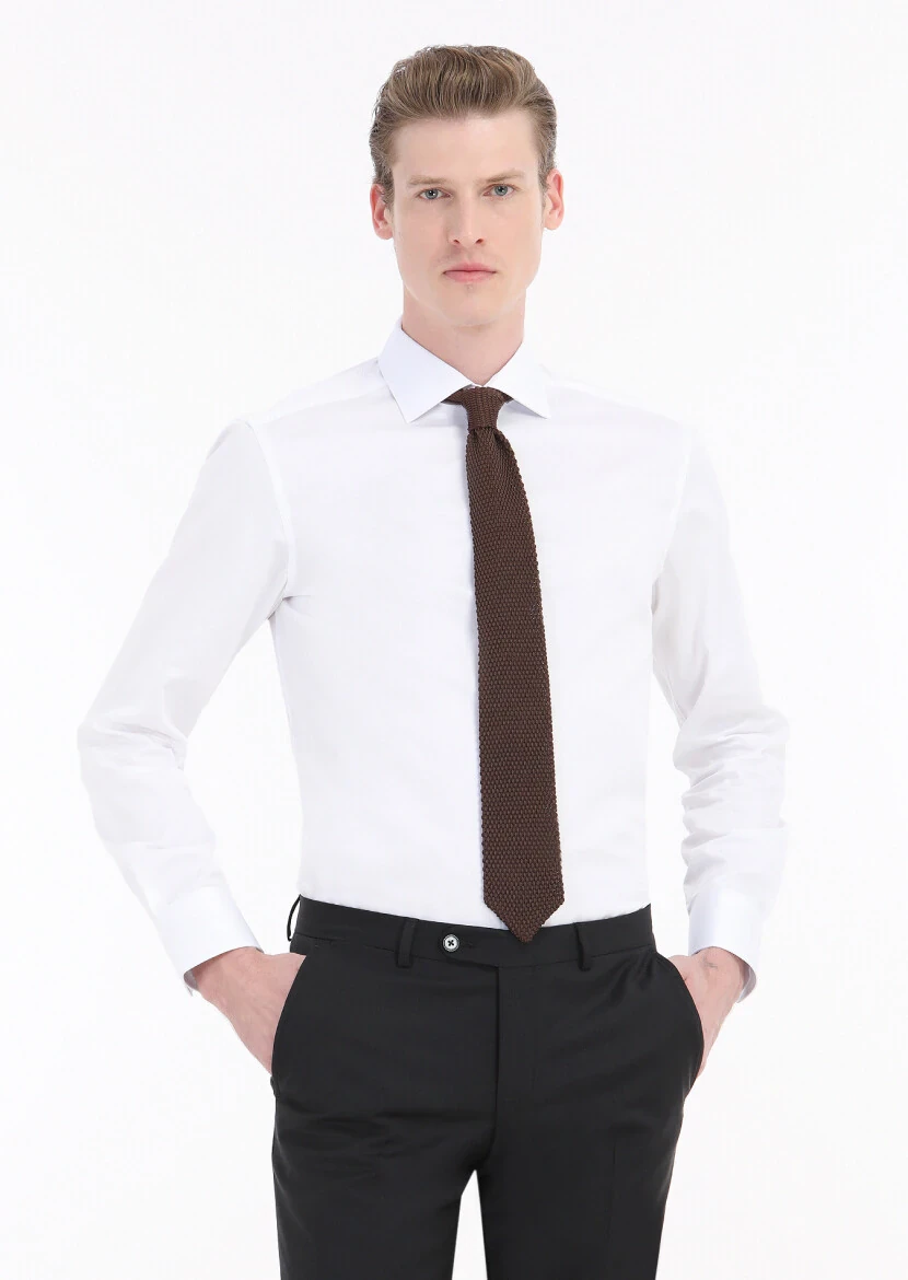 White Plain Slim Fit Weaving Classical 100% Cotton Shirt - RAMSEY