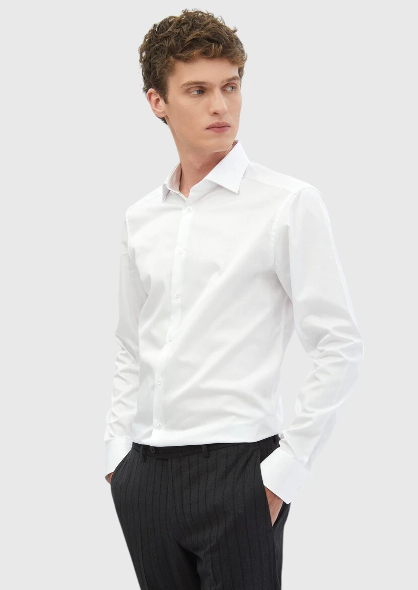 White Plain Slim Fit Weaving Classical 100% Cotton Shirt - RAMSEY