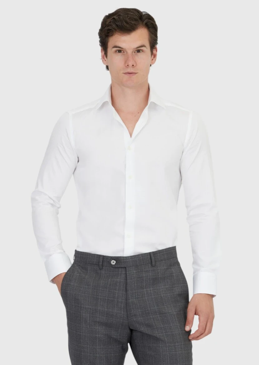 White Plain Slim Fit Weaving Classical 100% Cotton Shirt - RAMSEY