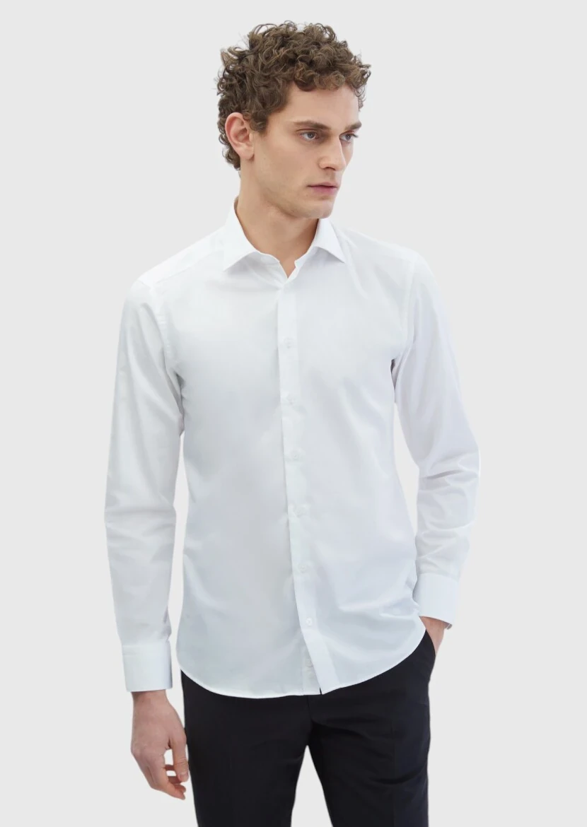 White Plain Slim Fit Weaving Classical 100% Cotton Shirt - RAMSEY
