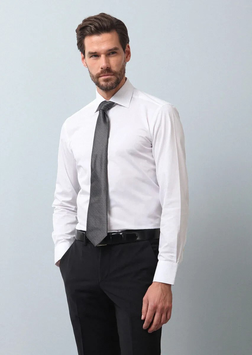 White Plain Slim Fit Weaving Classical Cotton Blended Shirt - 1