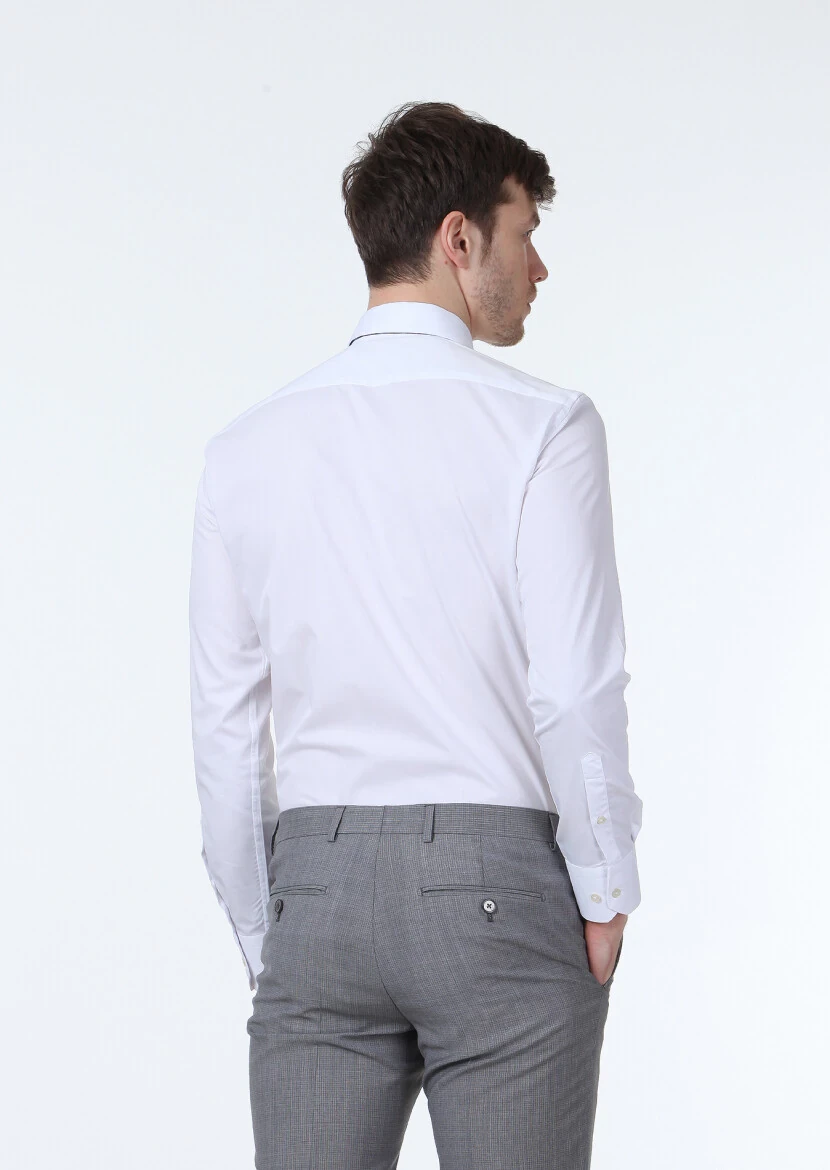 White Plain Slim Fit Weaving Classical Cotton Blended Shirt - 4