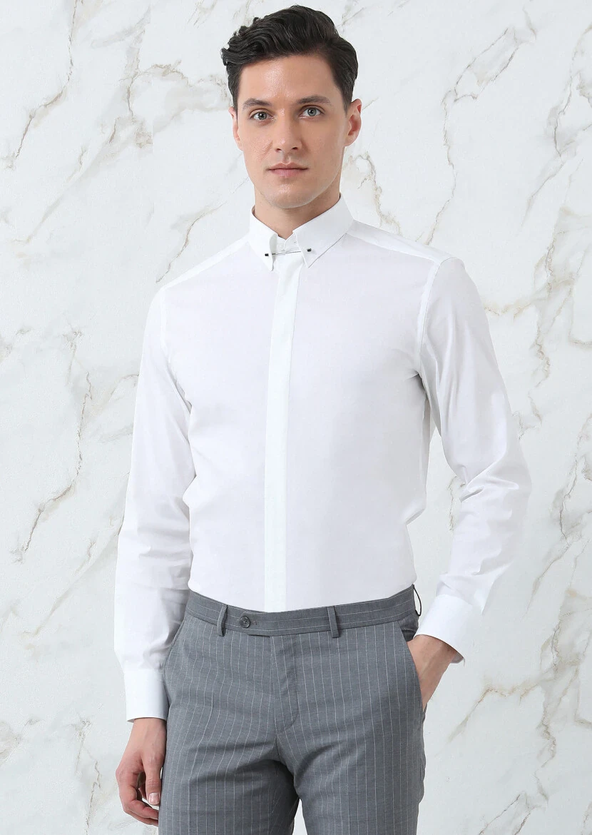 White Plain Slim Fit Weaving Classical Cotton Blended Shirt - 1