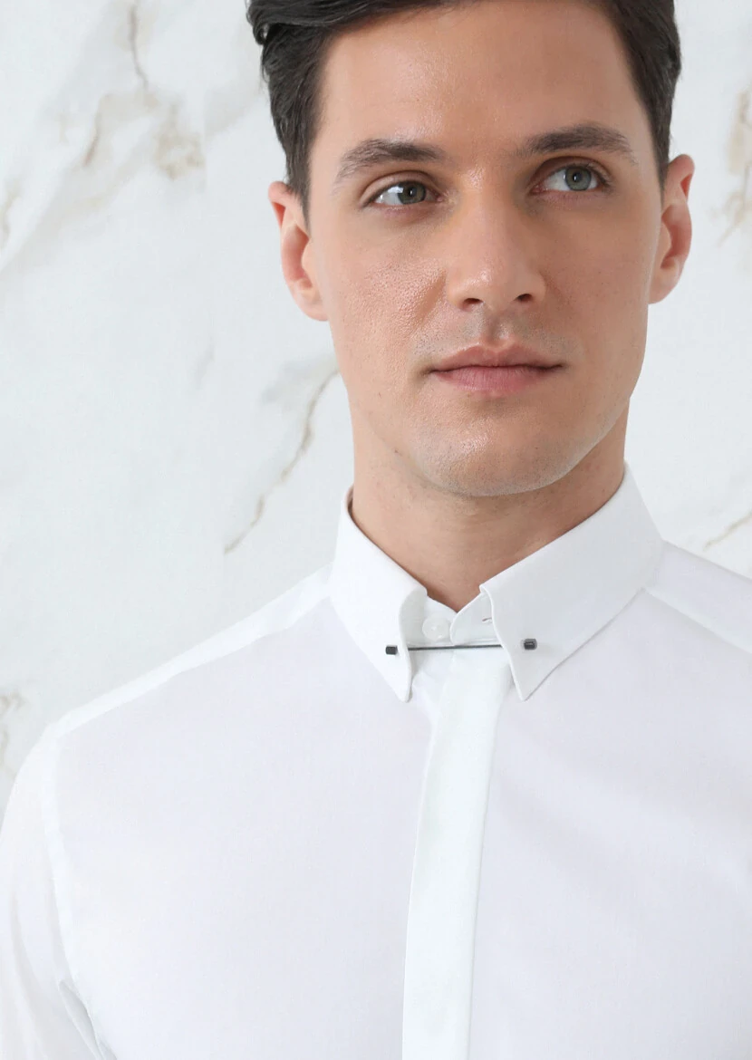 White Plain Slim Fit Weaving Classical Cotton Blended Shirt - 3