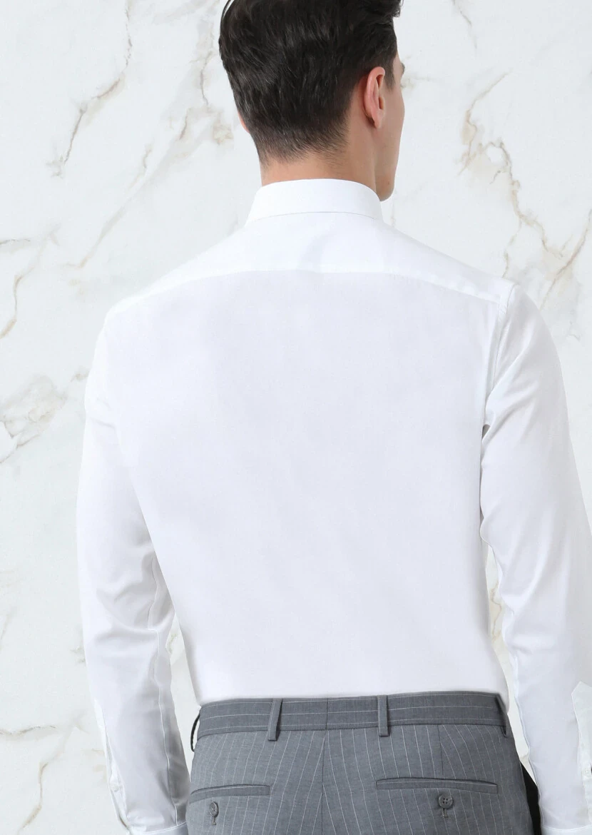 White Plain Slim Fit Weaving Classical Cotton Blended Shirt - 5