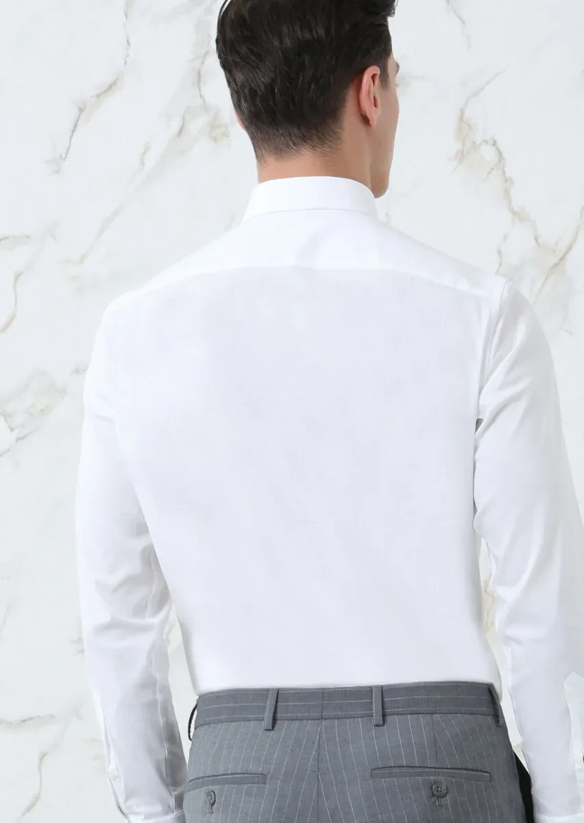 White Plain Slim Fit Weaving Classical Cotton Blended Shirt - 5