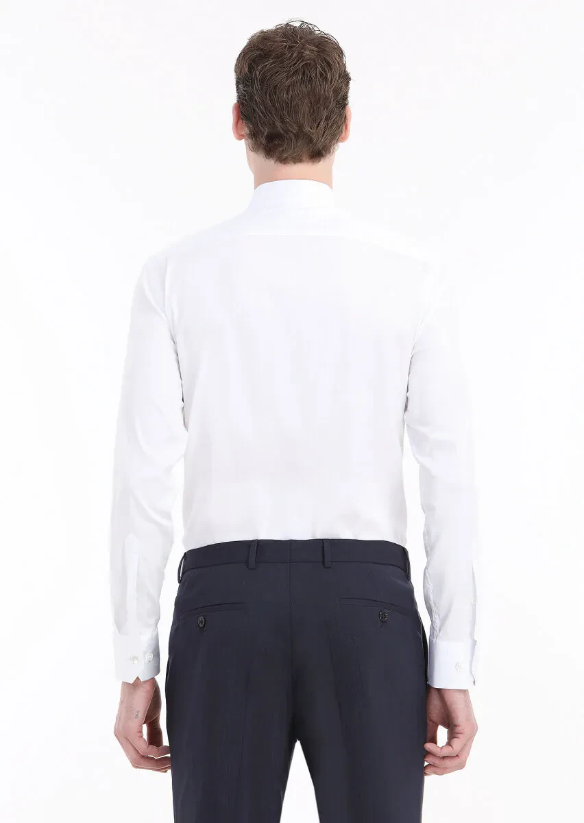 White Plain Slim Fit Weaving Classical Cotton Blended Shirt - 4
