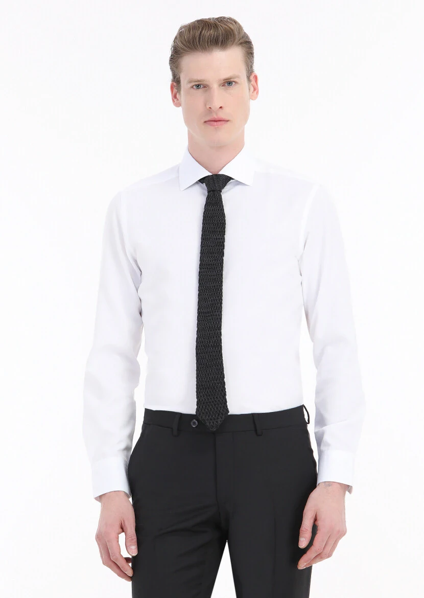 White Plain Slim Fit Weaving Classical Cotton Blended Shirt - RAMSEY