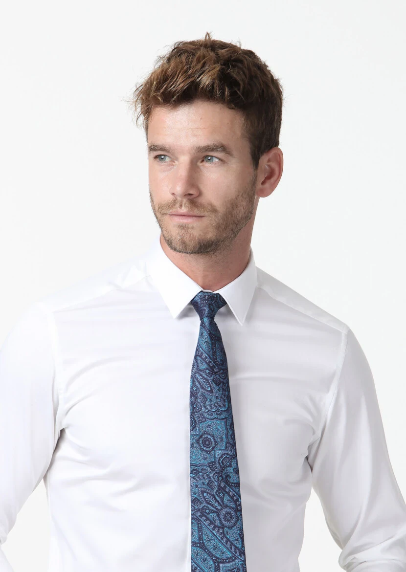 White Plain Super Slim Fit Weaving Classical 100% Cotton Shirt - 4