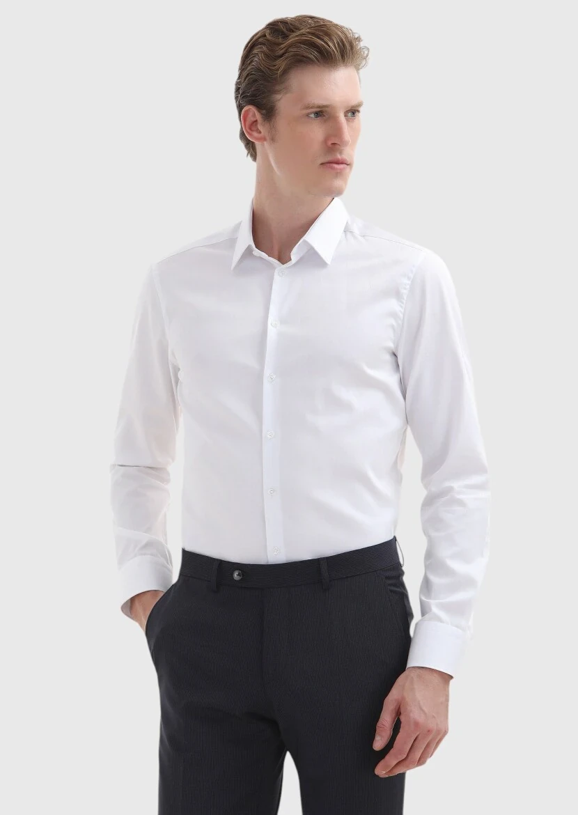 White Plain Super Slim Fit Weaving Classical 100% Cotton Shirt - 2