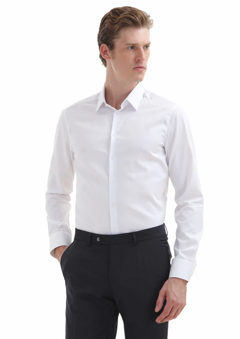 White Plain Super Slim Fit Weaving Classical 100% Cotton Shirt - RAMSEY
