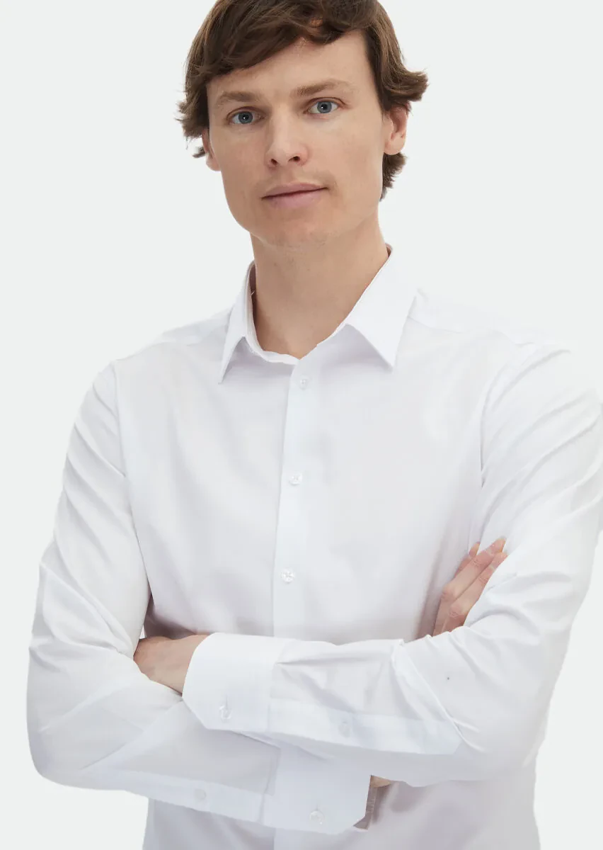 White Plain Super Slim Fit Weaving Classical 100% Cotton Shirt - 3