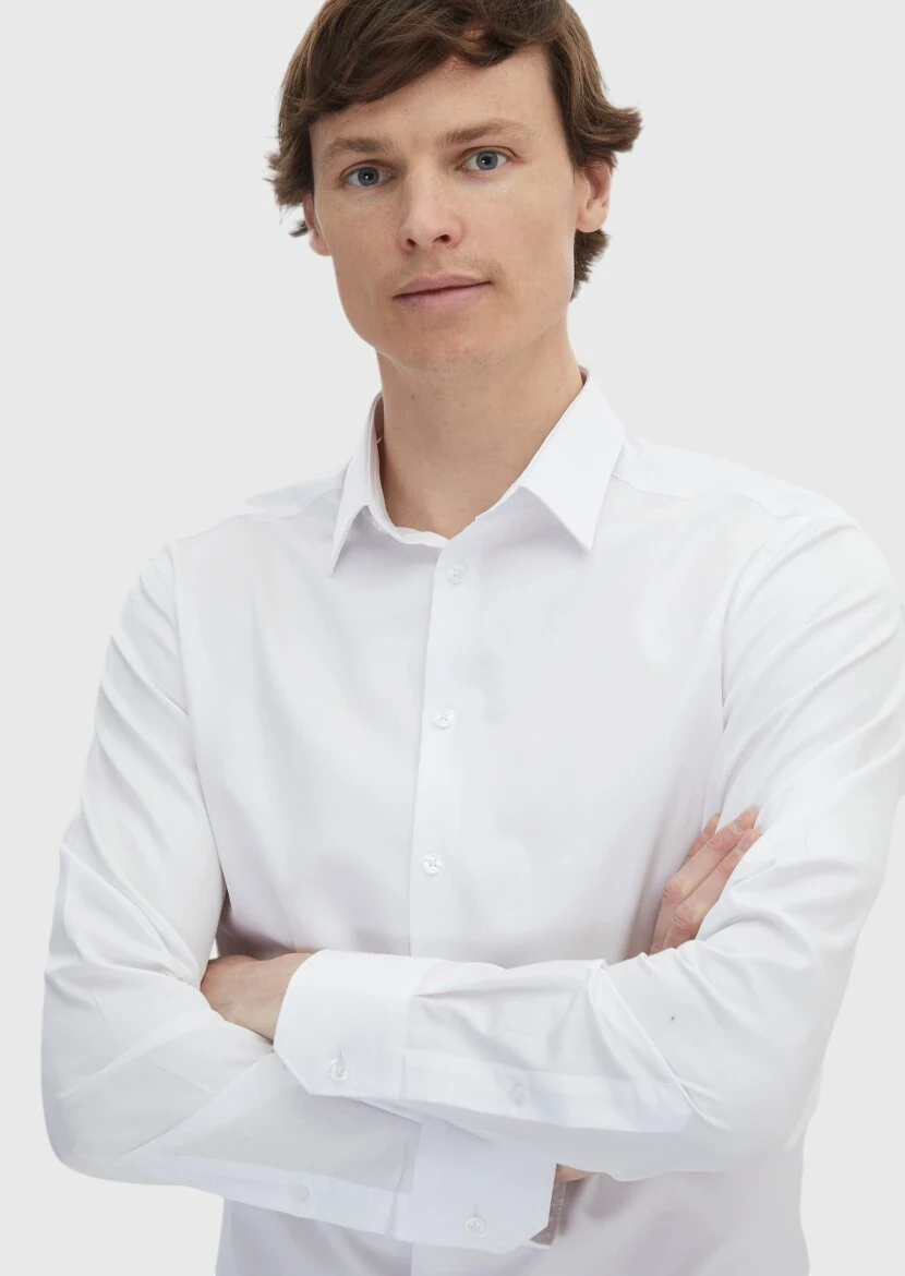 White Plain Super Slim Fit Weaving Classical 100% Cotton Shirt - 3