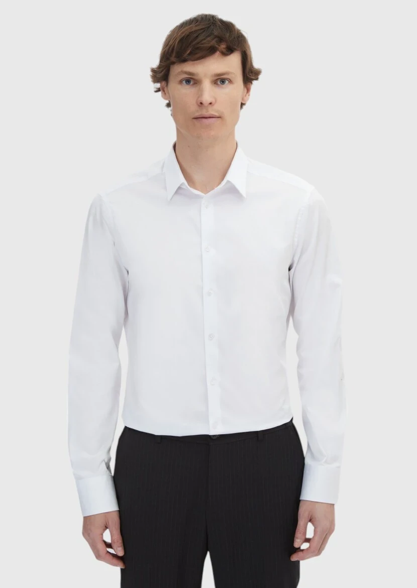 White Plain Super Slim Fit Weaving Classical 100% Cotton Shirt - RAMSEY