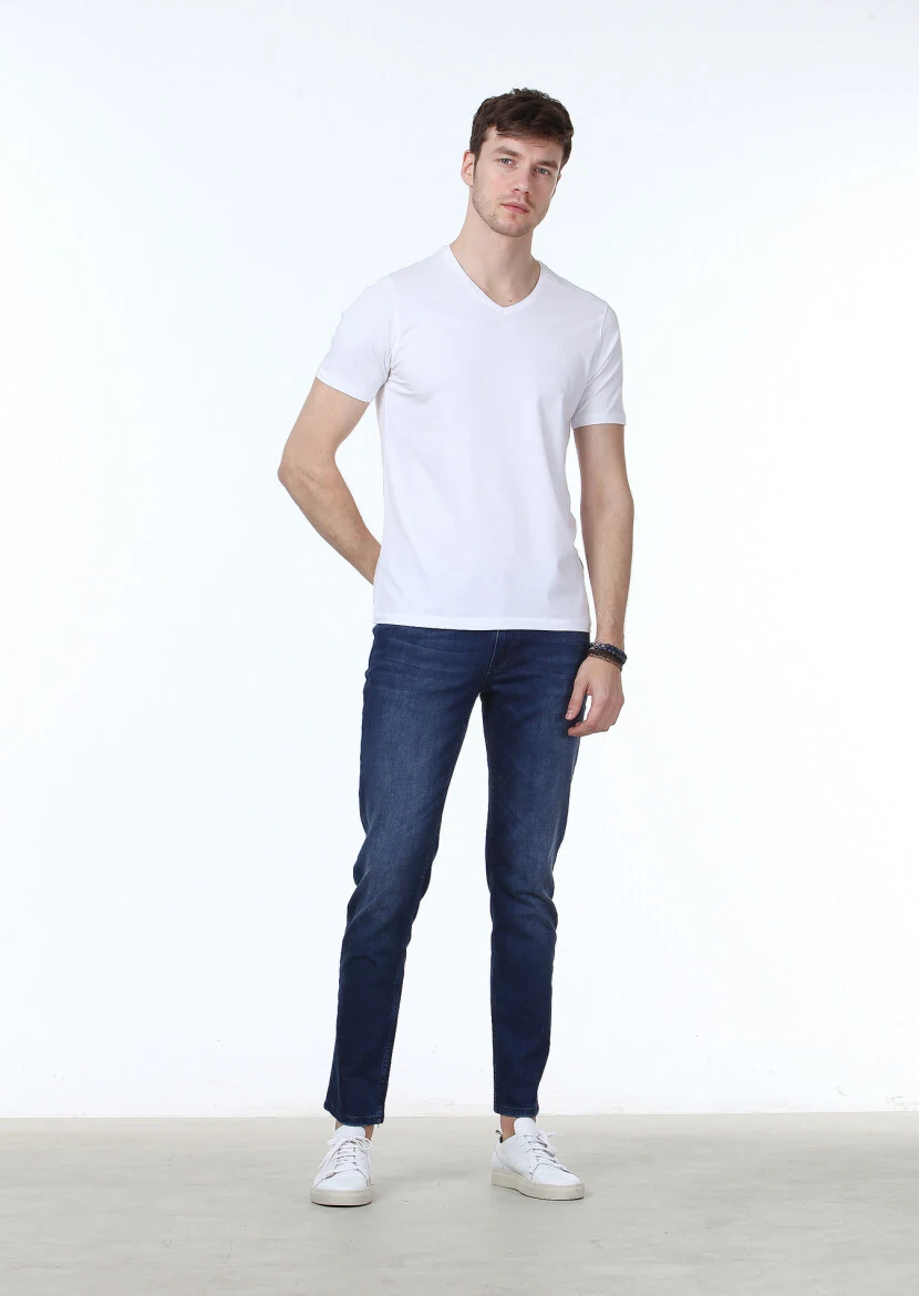 White Plain V-Neck Cotton Blended T-Shirt 