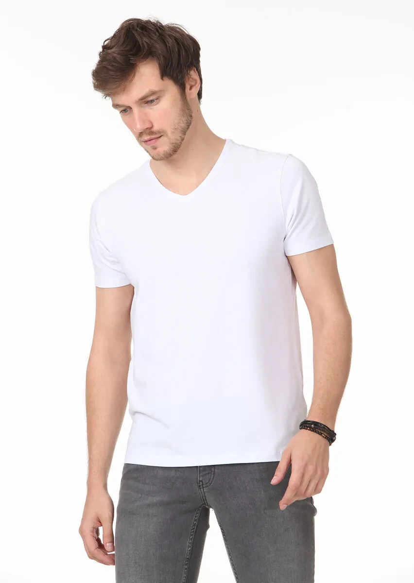 White Plain V-Neck Cotton Blended T-Shirt - 1