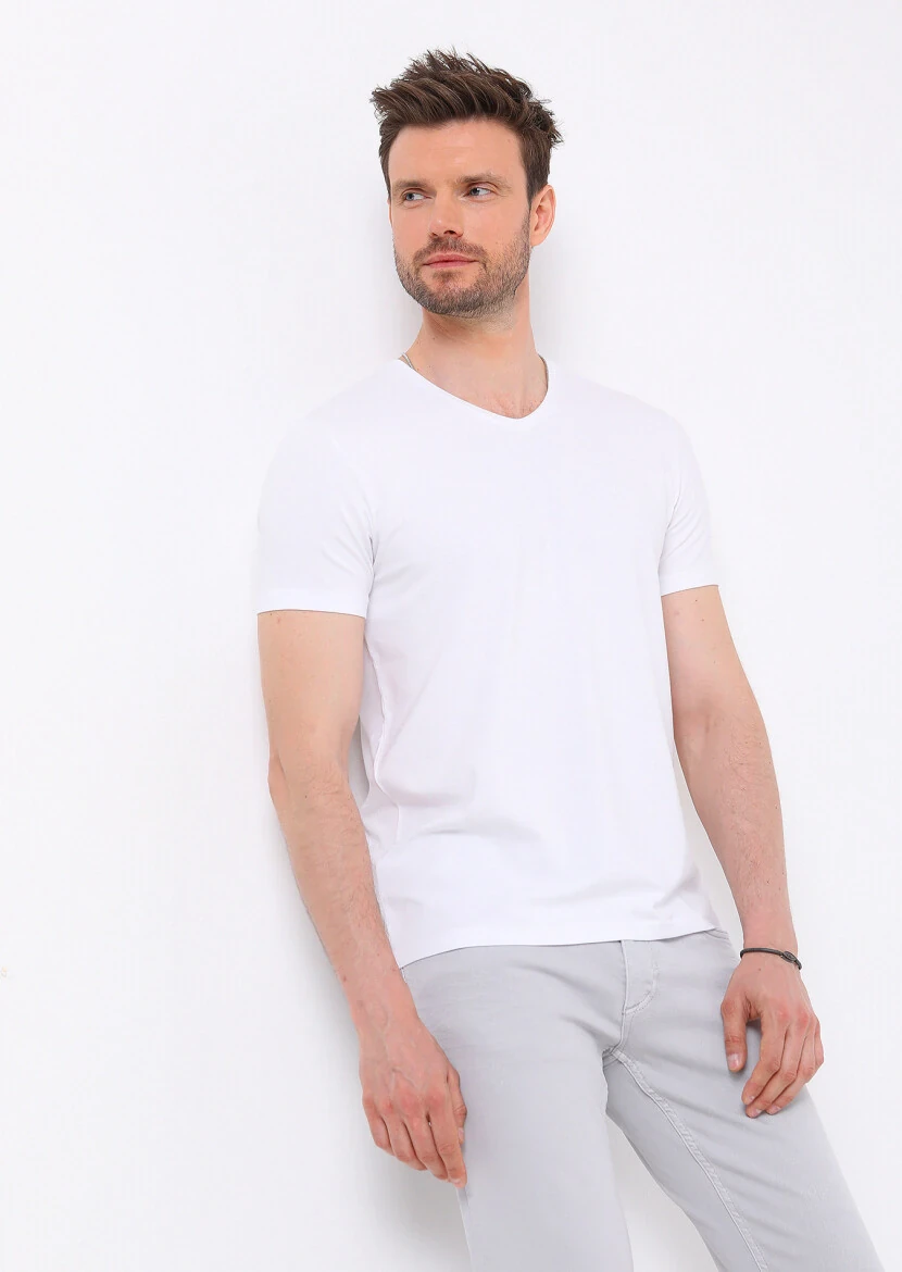 White Plain V-Neck Cotton Blended T-Shirt - RAMSEY