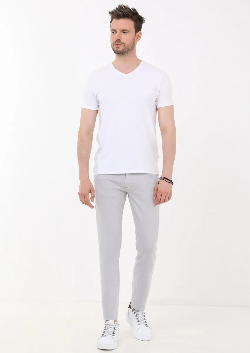 White Plain V-Neck Cotton Blended T-Shirt - 4