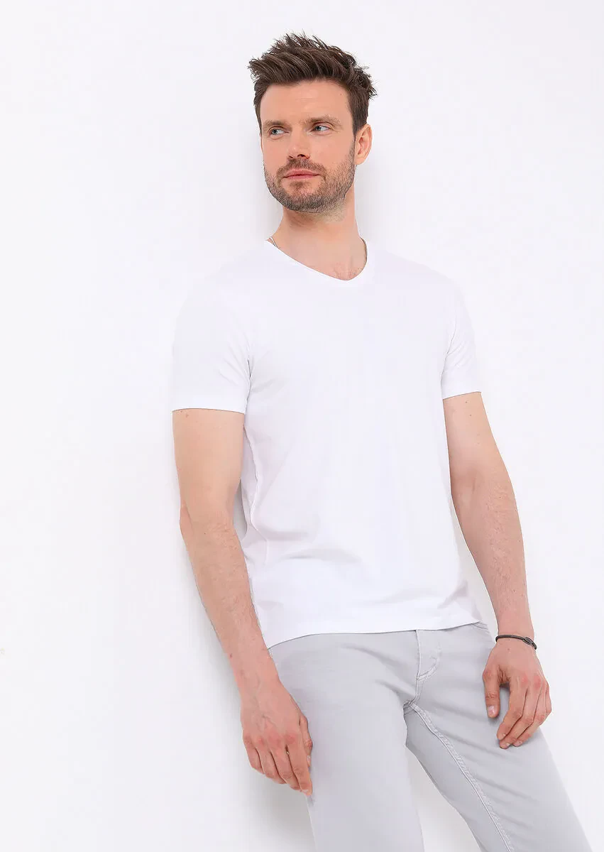 White Plain V-Neck Cotton Blended T-Shirt - 2