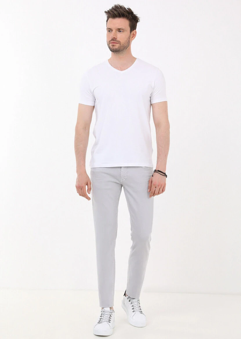 White Plain V-Neck Cotton Blended T-Shirt - 4