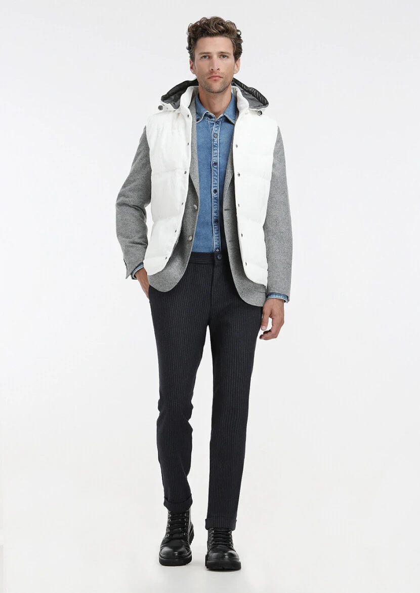 White Regular Fit Hooded Casual Weaving Puffer Vest - 1