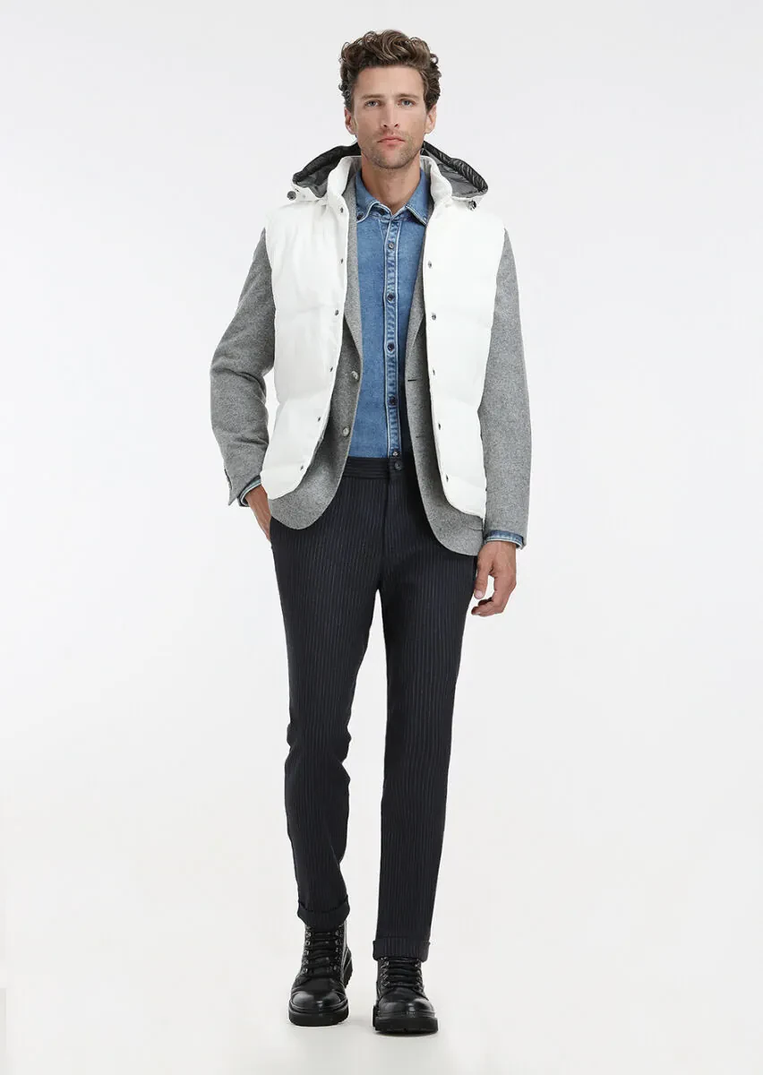 White Regular Fit Hooded Casual Weaving Puffer Vest - 1