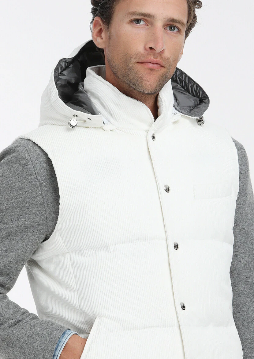 White Regular Fit Hooded Casual Weaving Puffer Vest - 2