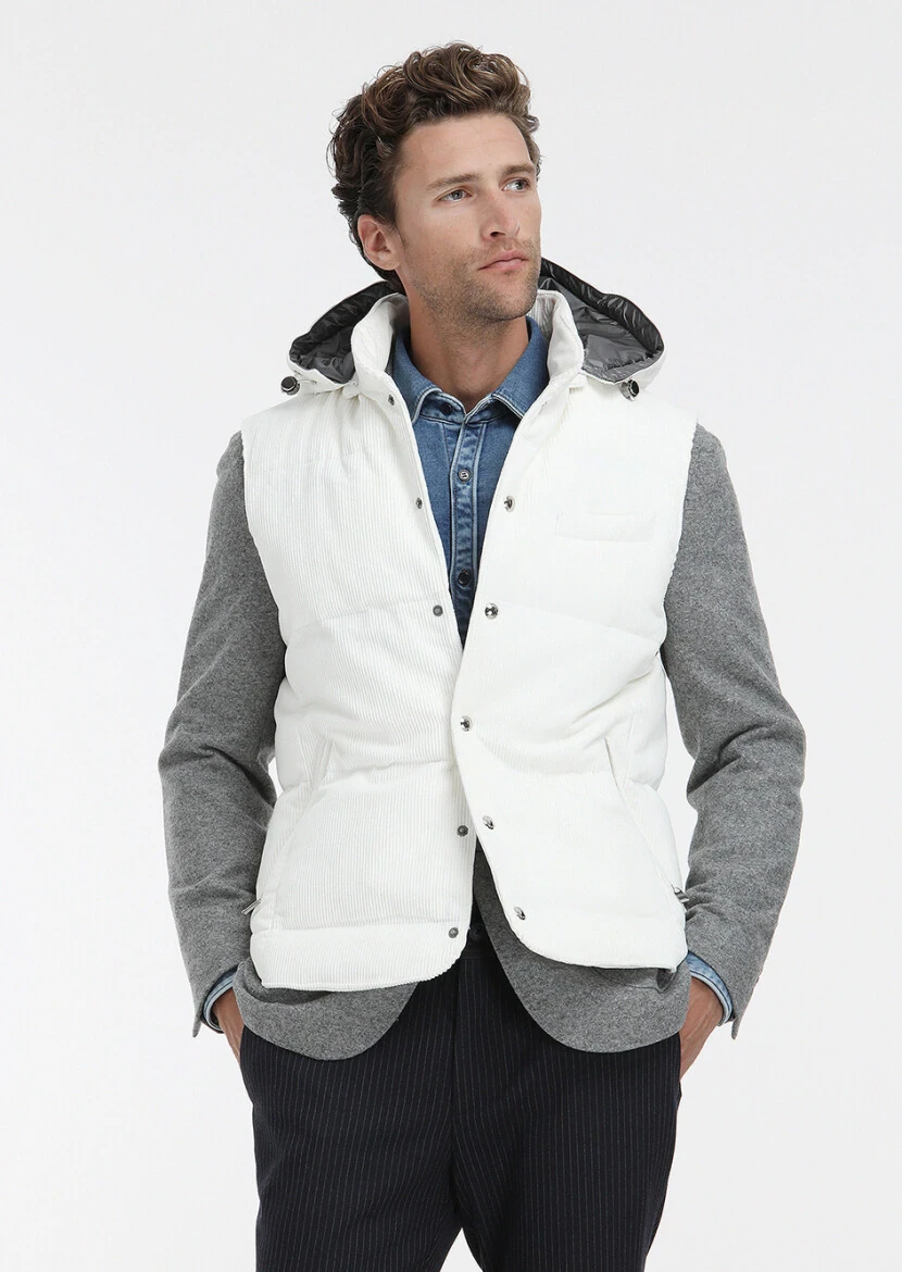 White Regular Fit Hooded Casual Weaving Puffer Vest - 3