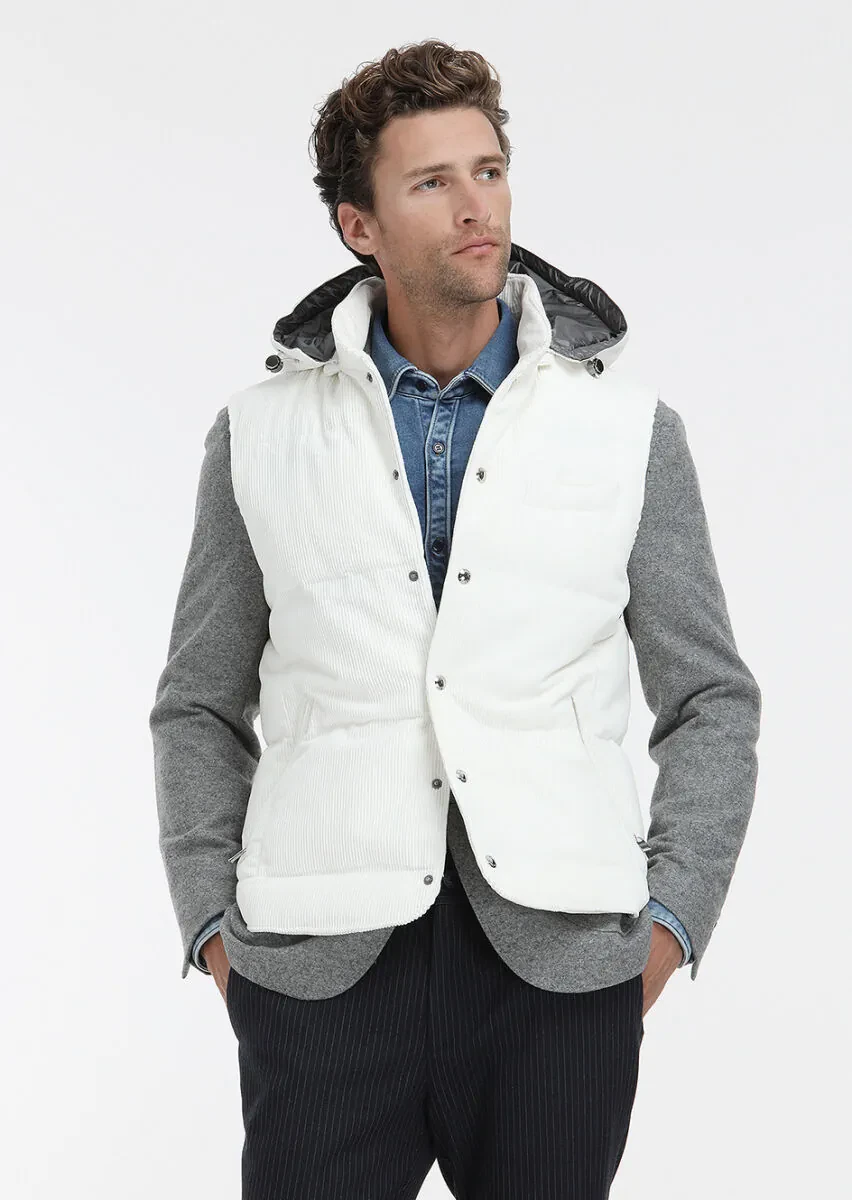 White Regular Fit Hooded Casual Weaving Puffer Vest - 3