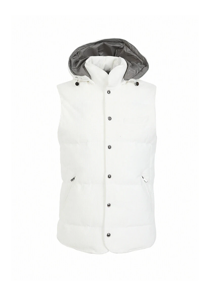 White Regular Fit Hooded Casual Weaving Puffer Vest - 6