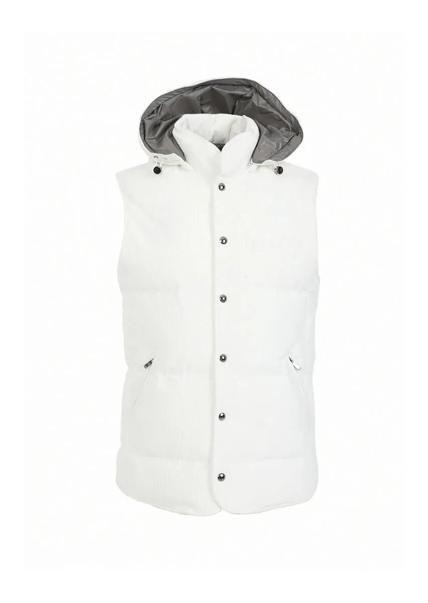 White Regular Fit Hooded Casual Weaving Puffer Vest - 6