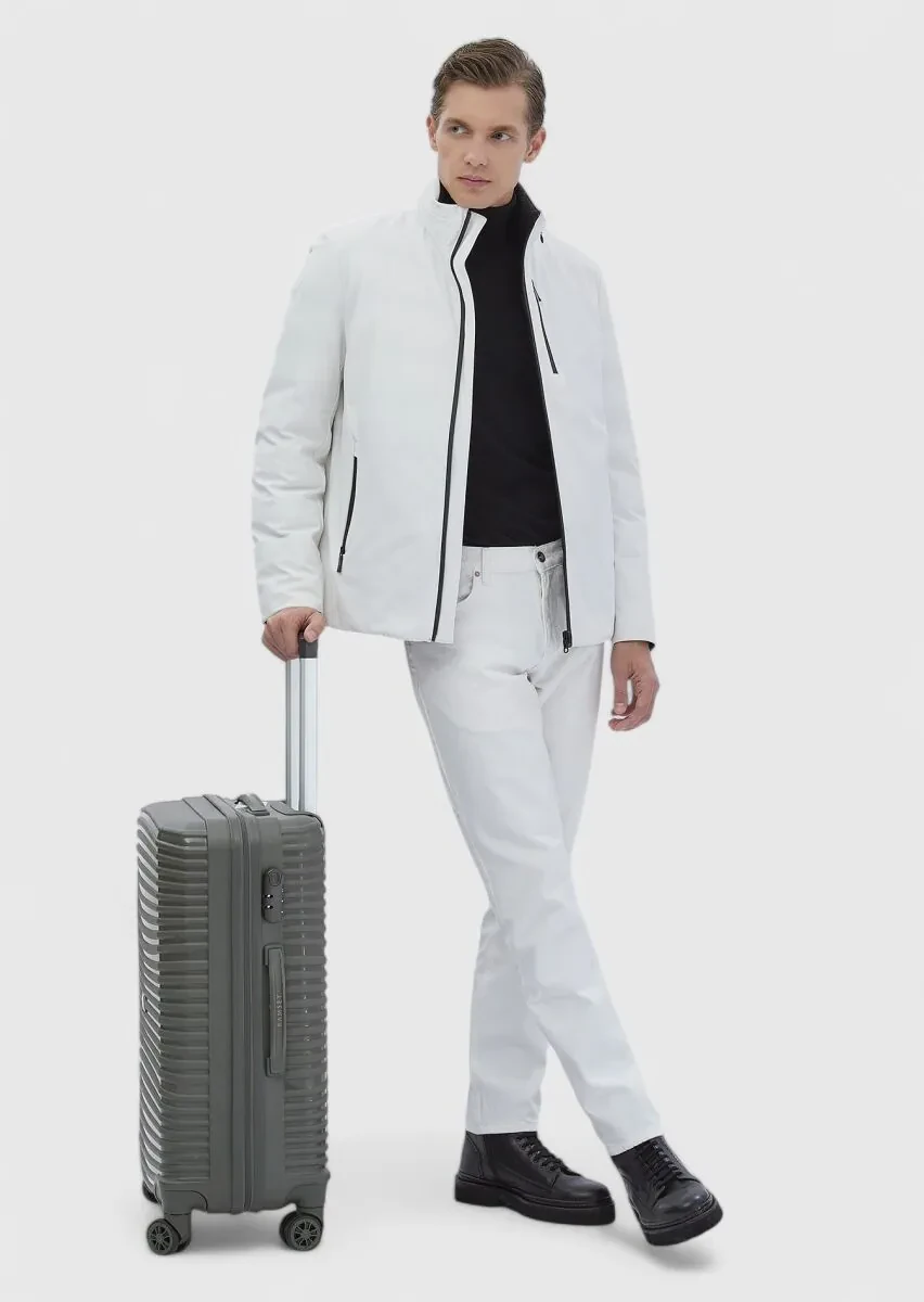 White Regular Fit Turtleneck Casual Weaving Double-Sided Coat - 1