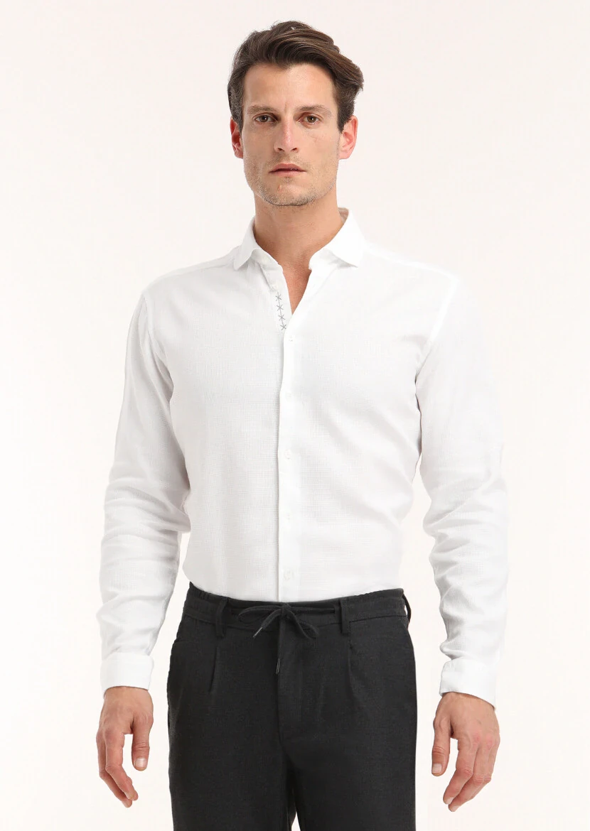White Regular Fit Weaving Casual 100% Cotton Shirt - 2