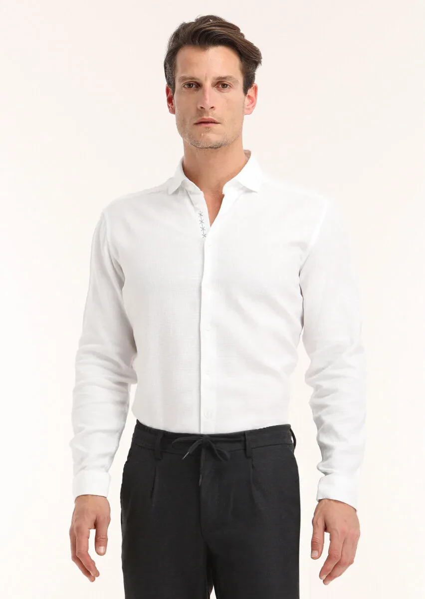 White Regular Fit Weaving Casual 100% Cotton Shirt - 2