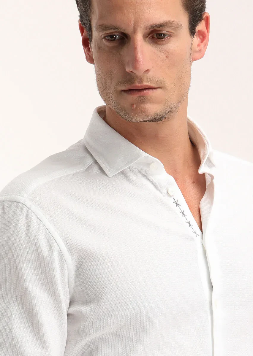 White Regular Fit Weaving Casual 100% Cotton Shirt - 3