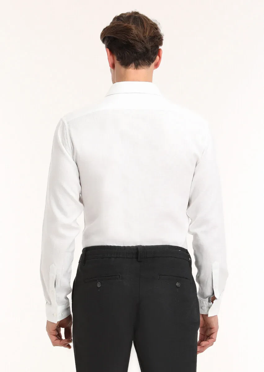 White Regular Fit Weaving Casual 100% Cotton Shirt - 4