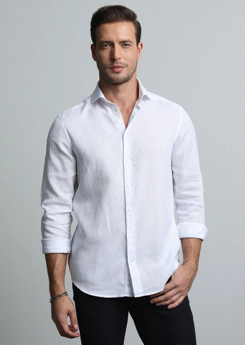 White Regular Fit Weaving Casual Cotton Blended Shirt - 2