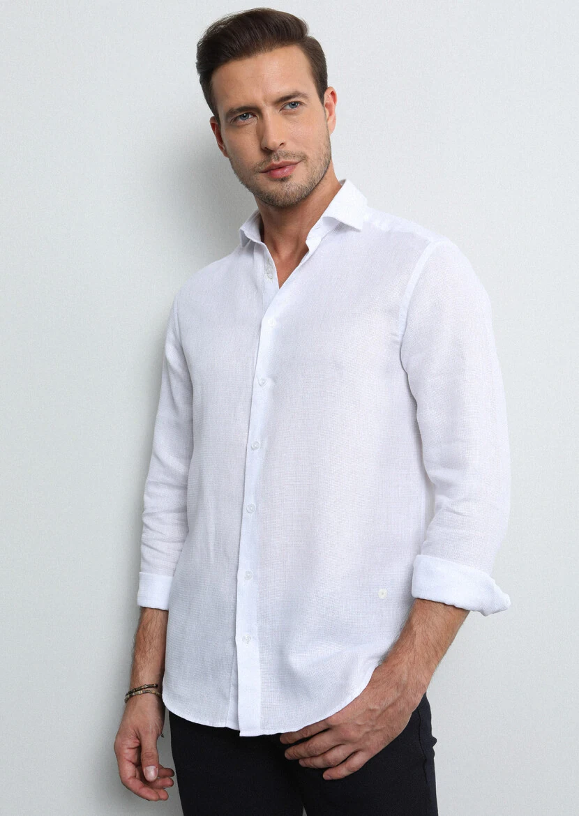 White Regular Fit Weaving Casual Cotton Blended Shirt - 3