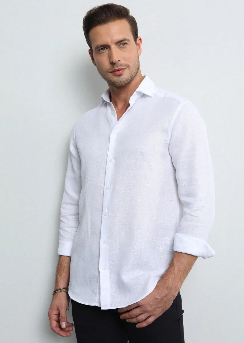 White Regular Fit Weaving Casual Cotton Blended Shirt - 3