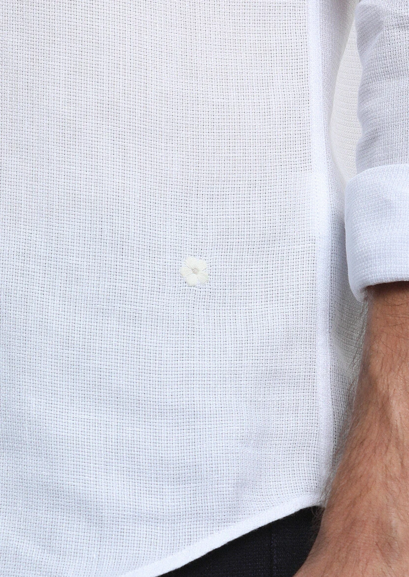 White Regular Fit Weaving Casual Cotton Blended Shirt - 4