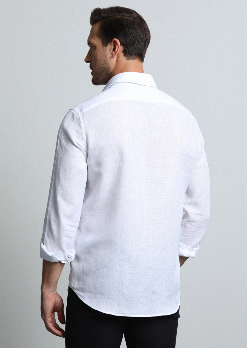 White Regular Fit Weaving Casual Cotton Blended Shirt - 5