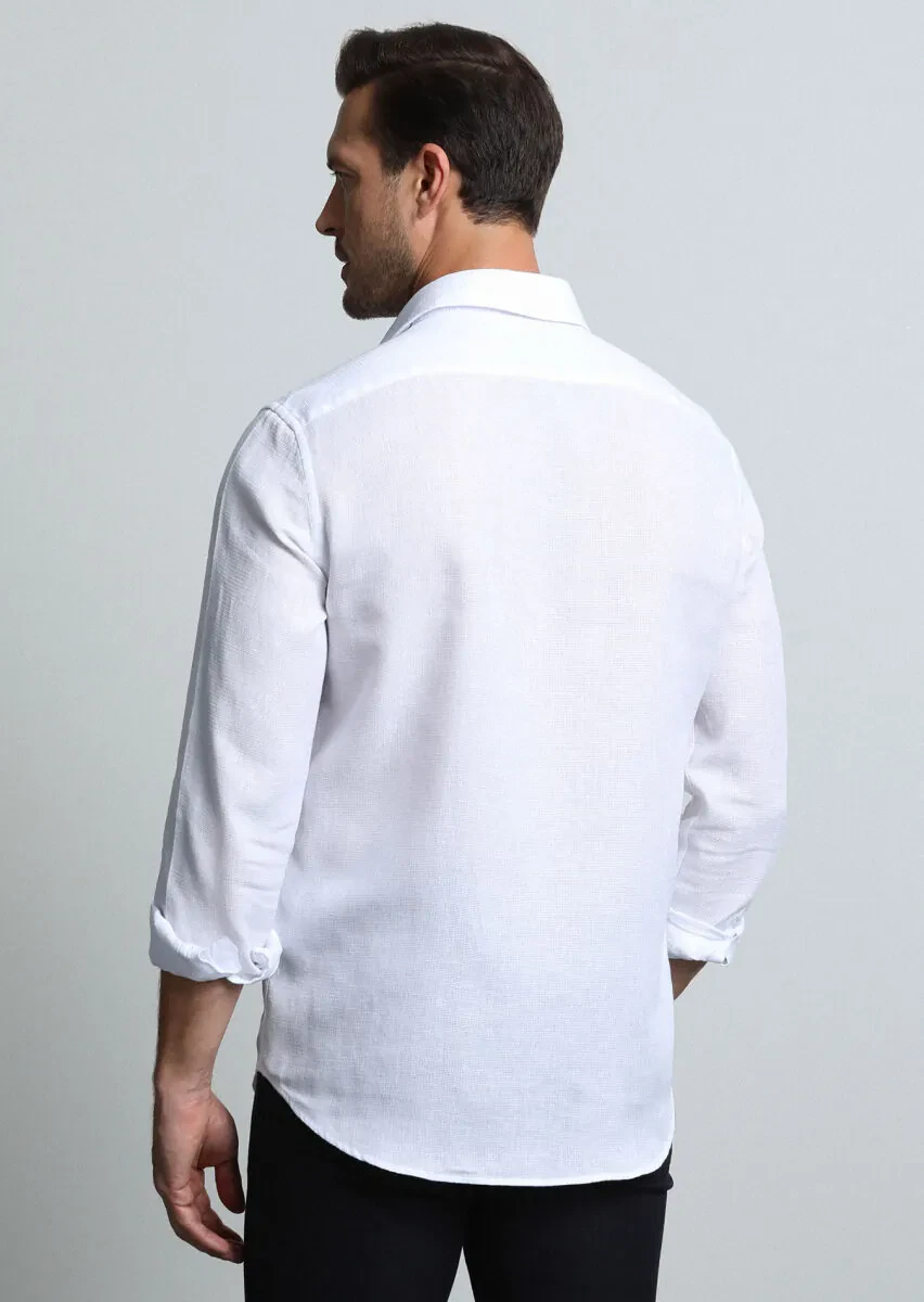 White Regular Fit Weaving Casual Cotton Blended Shirt - 5