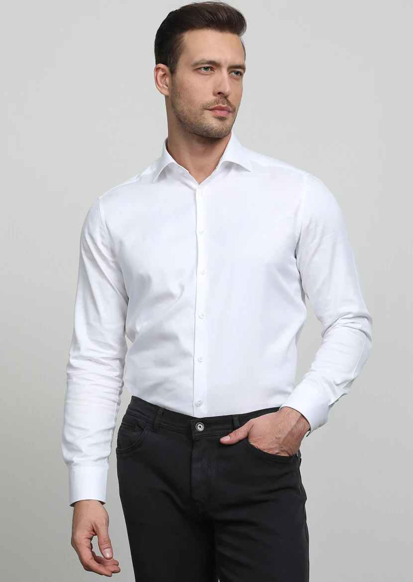 White Regular Fit Weaving Classical 100% Cotton Shirt - 3