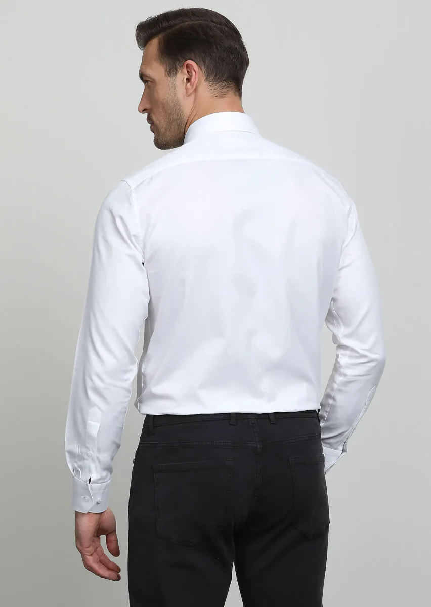 White Regular Fit Weaving Classical 100% Cotton Shirt - 4